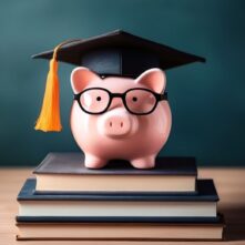 Piggy bank with graduation cap and glasses on stack of books, student loan savings education budget, academic financial literacy, scholarship tuition planning, money saving for college funds income