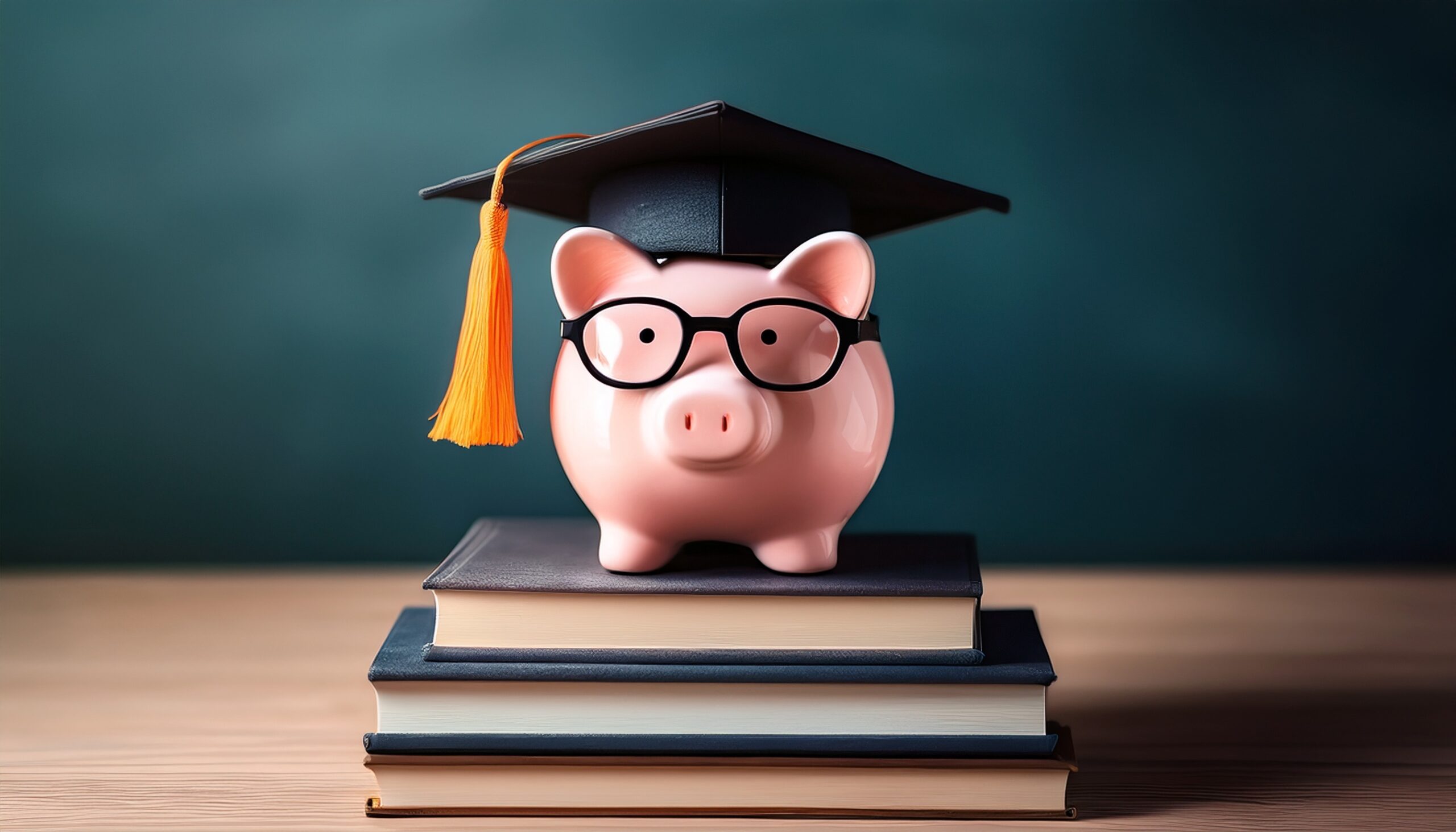 Piggy bank with graduation cap and glasses on stack of books, student loan savings education budget, academic financial literacy, scholarship tuition planning, money saving for college funds income