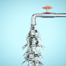 Water tap dripping dollar banknotes