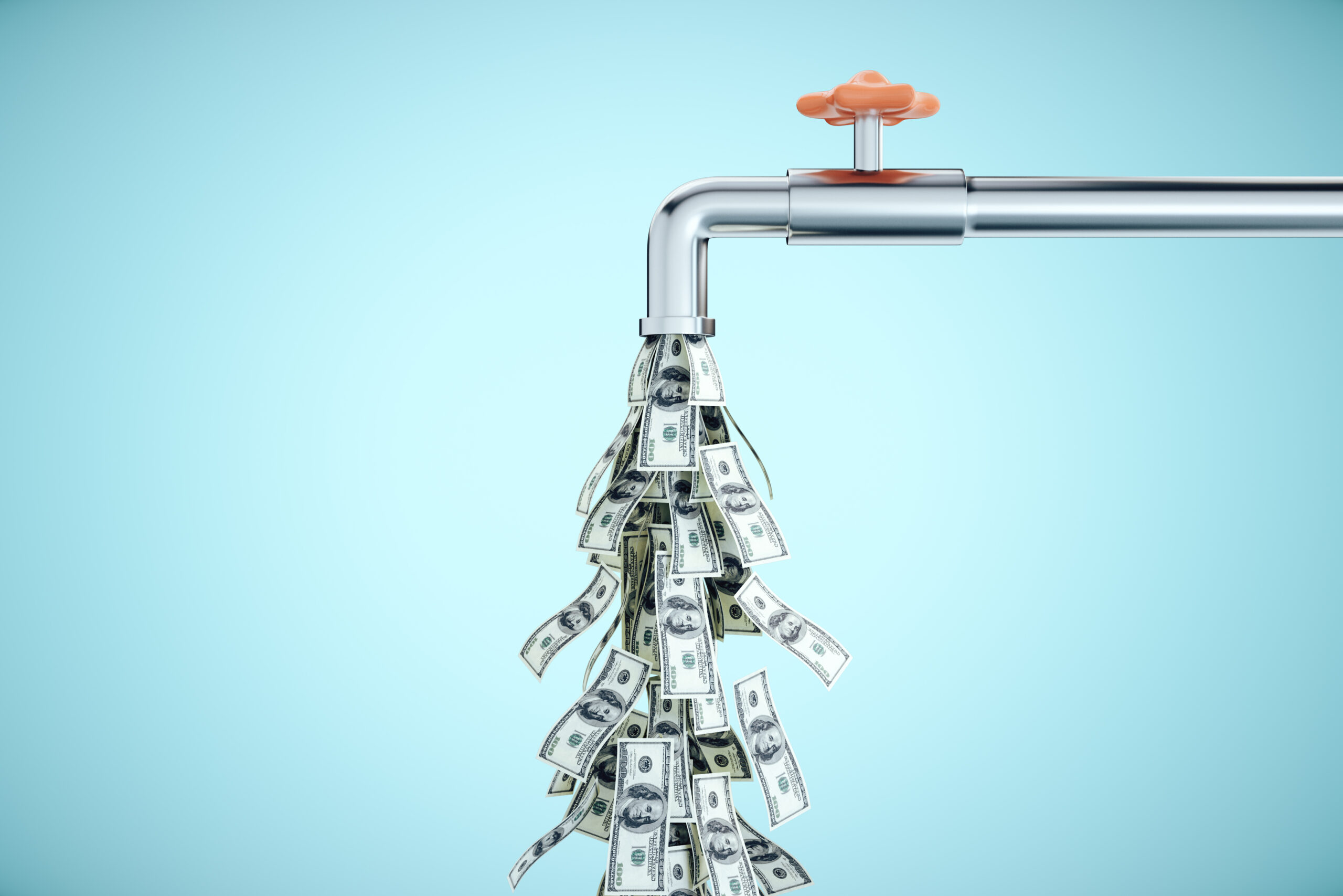 Water tap dripping dollar banknotes